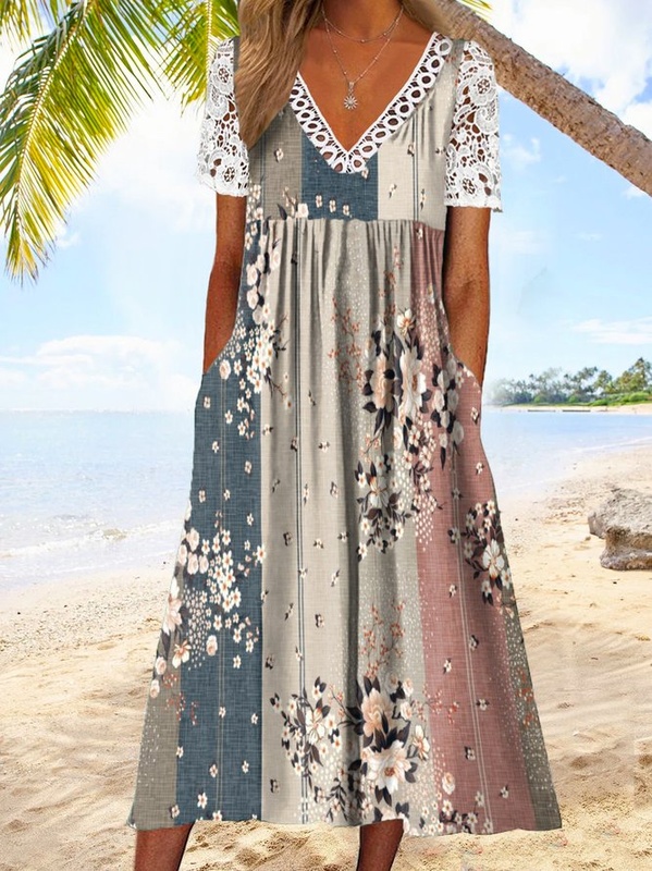 Floral Lace Short Sleeve Hollow Out Lace V Neck Pockets