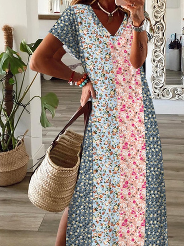 Jersey Casual Loose Floral Printed V neck Handmade Dress