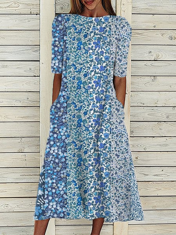 Boat Neck Casual Floral Handmade Dress