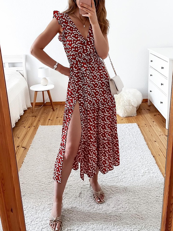 V Neck Floral Vacation Loose Handmade Dress