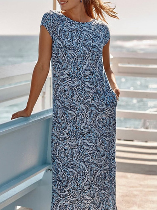 Abstract Short Sleeve Crew Neck Casual Handmade Dress