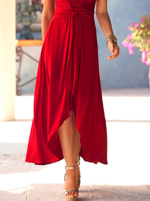 Plain Lace Up Short Sleeve V Neck Casual Long Handmade Dress