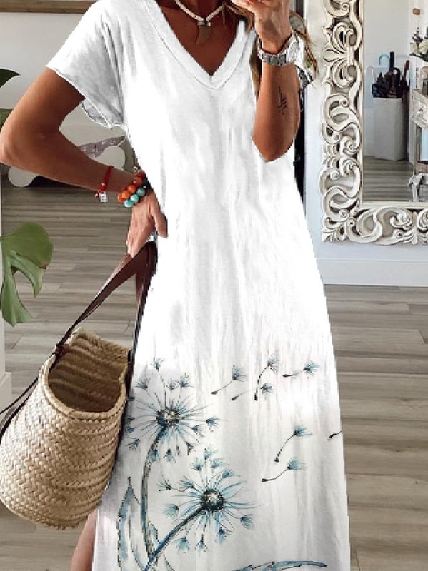 Casual V Neck Dandelion Short Sleeve Knit Handmade Dress