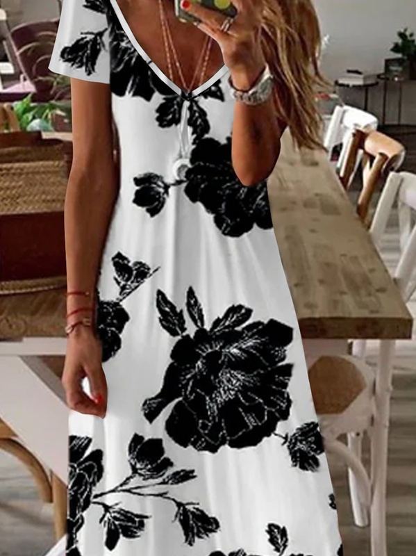 Loosen Casual Floral Short Sleeve Knit Handmade Dress