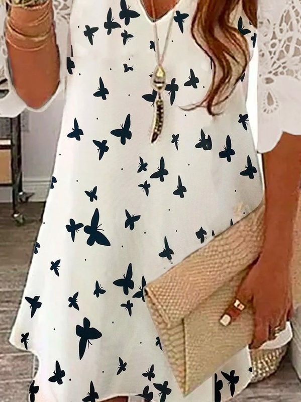 V Neck Paneled Cotton Blend Half Sleeve Weaving Handmade Dress