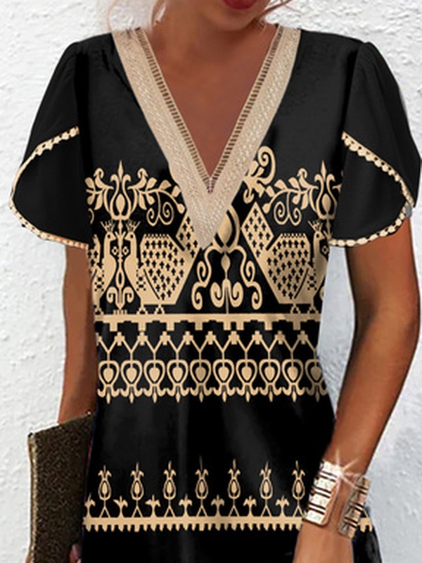 Printing V Neck Casual Handmade Dress