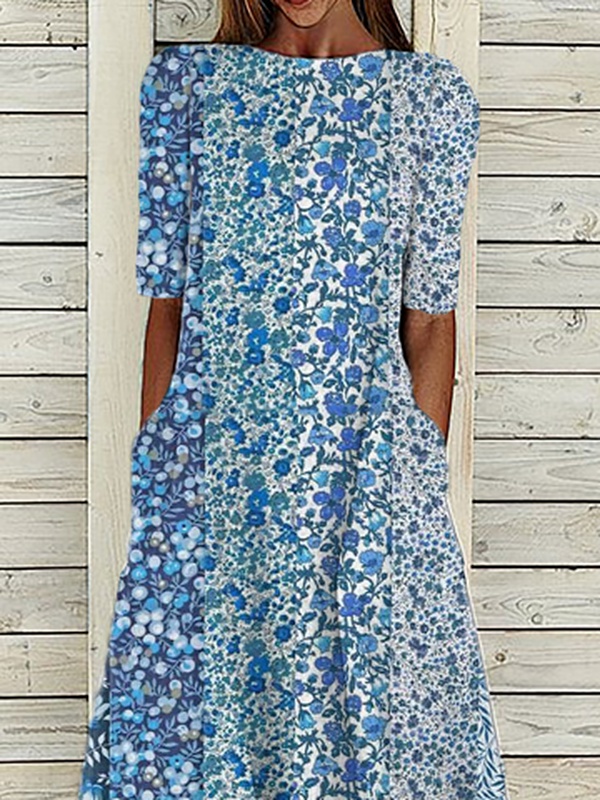 Boat Neck Casual Floral Handmade Dress
