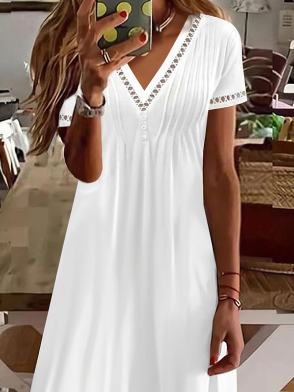 Buckle Plain Casual Patchwork lace Jersey Handmade Dress