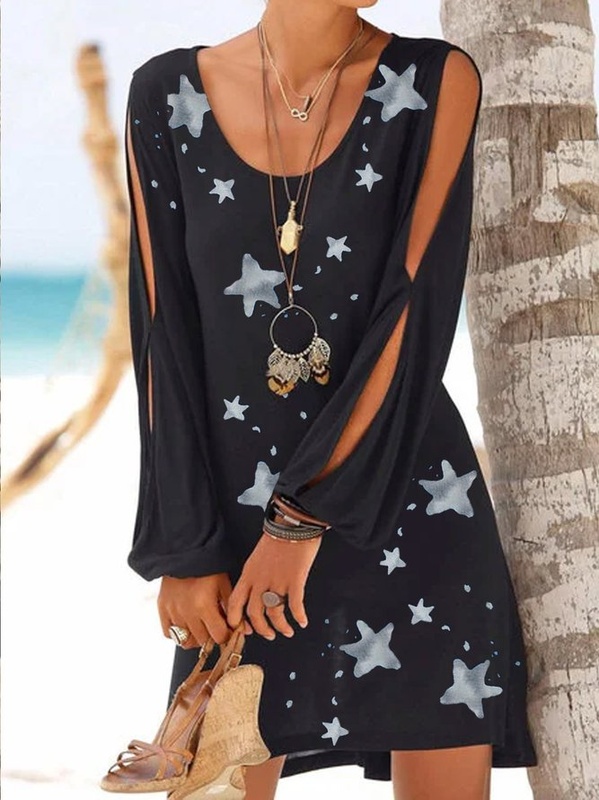 Black Cotton Printed Star Casual Cutout Patchwork Weaving Handmade Dress