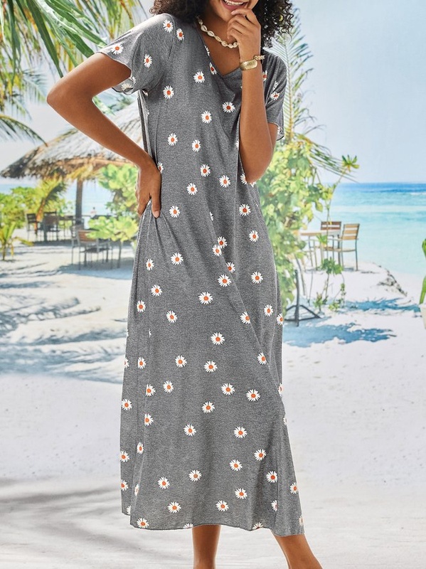 Summer casual retro little daisy printed short sleeved V neck