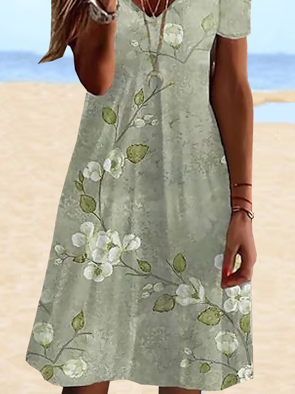 Floral Cotton Blends Vacation Short Sleeve Knit Handmade Dress