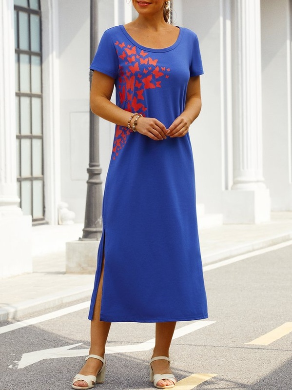 Casual Short Sleeve Printed Cotton Blend Knitting Handmade Dress