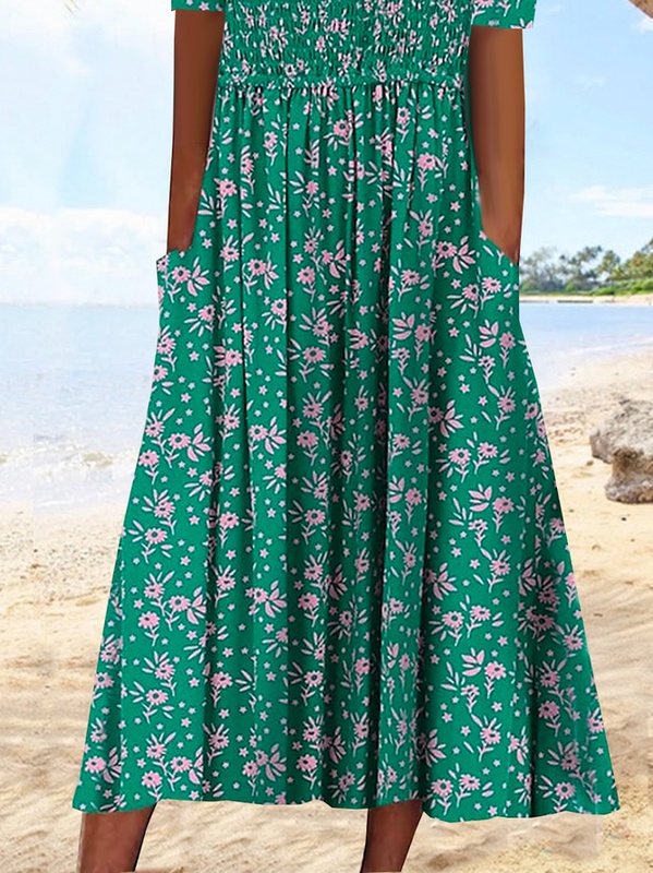 Green Floral Crew Neck Casual Loose Handmade Dress