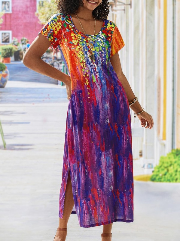 Floral Print Ombre tie Dye Cotton Vintage Weaving Handmade Dress