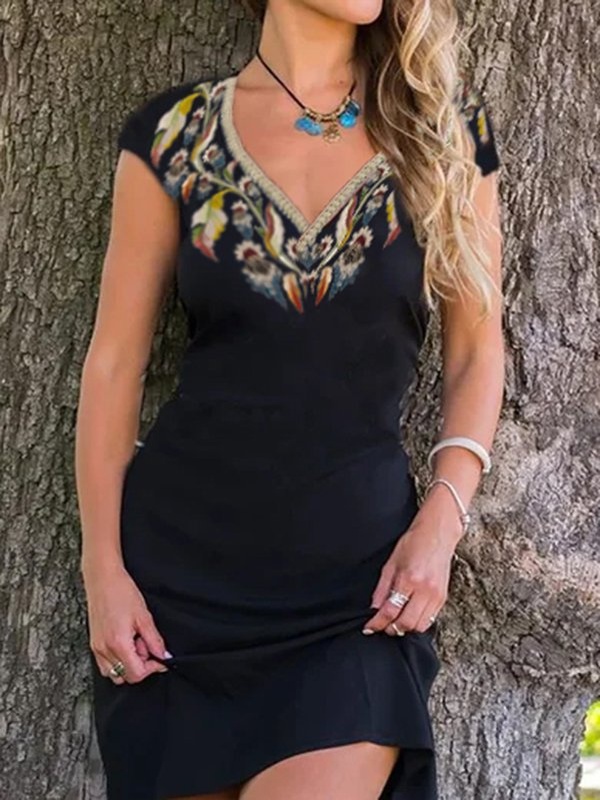 Casual Floral Print Short Sleeve V Neck Weaving Handmade Dress
