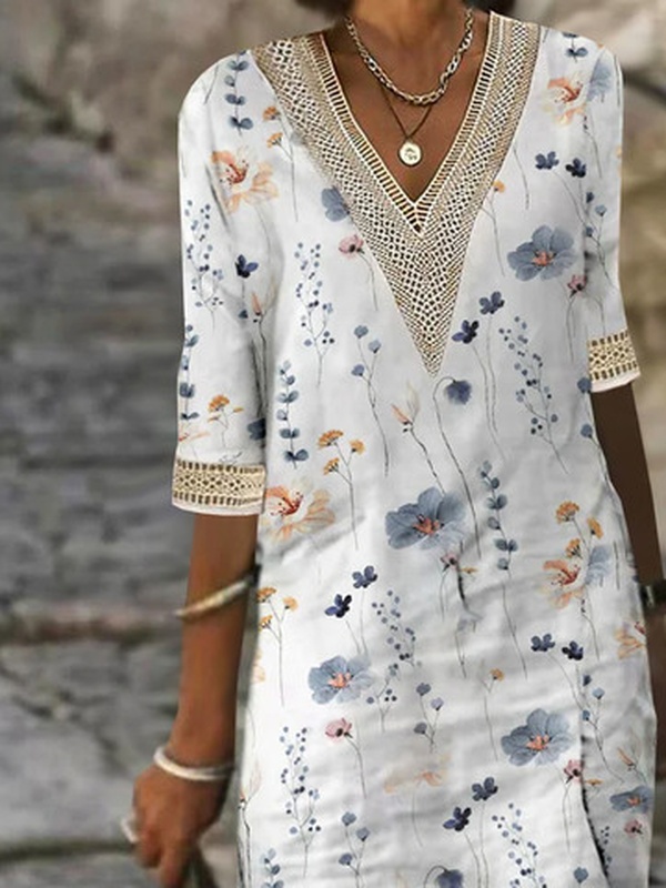 V Neck Casual Floral Printed Lace Handmade Dress