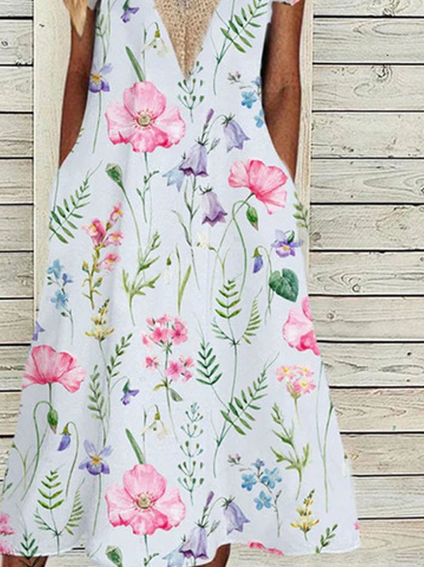 Casual V Neck Lace Floral Printed Handmade Dress