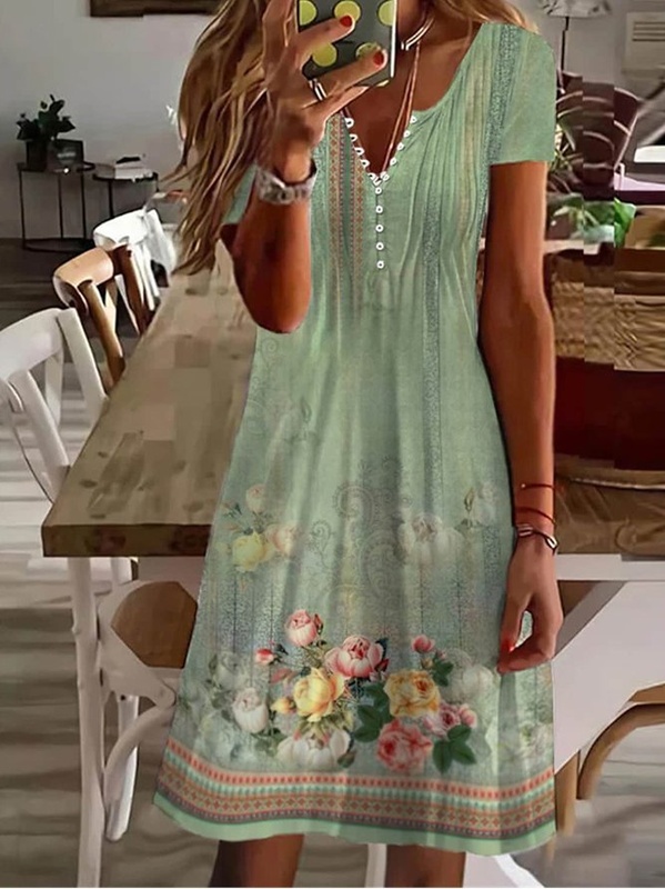 Loose Casual Green Floral Handmade Dress