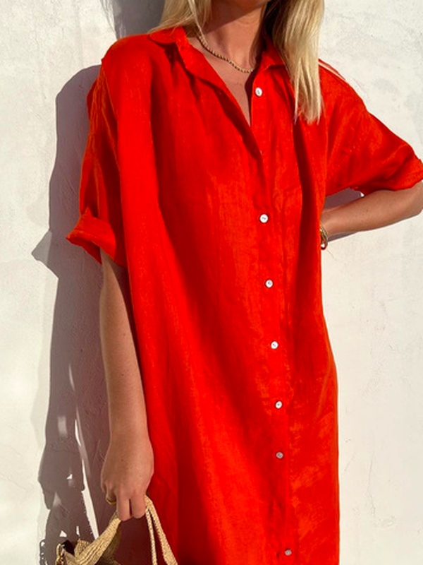 Loose Shirt Collar Casual Cotton Handmade Dress