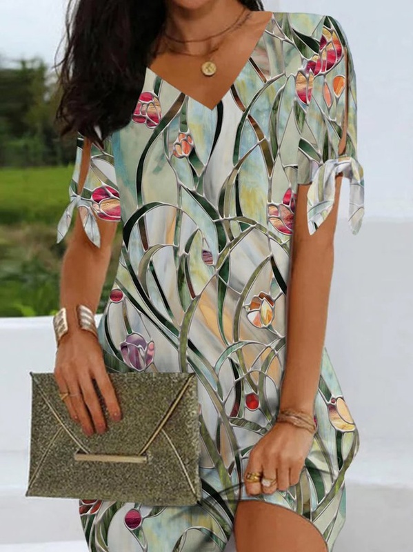 Casual Floral Short sleeve V Neck Printed Handmade Dress