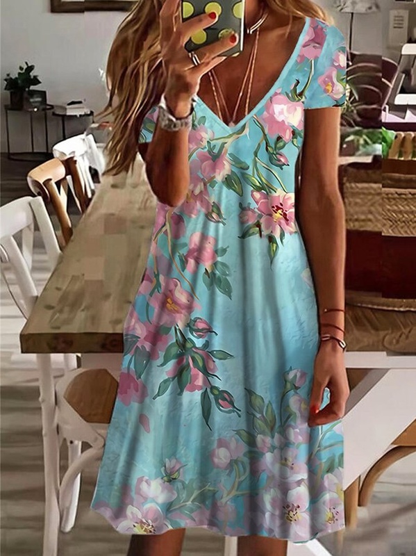 Floral Casual V Neck Short Sleeve A line Handmade Dresses