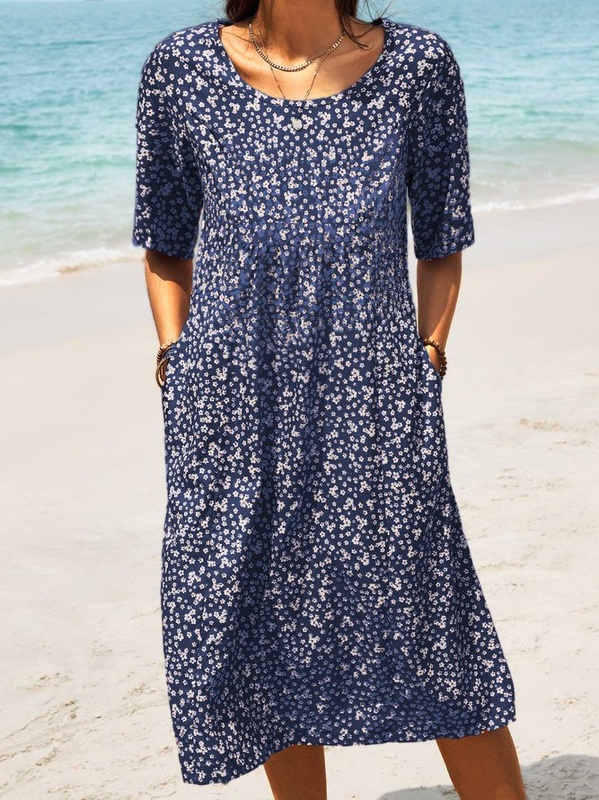 Hlaf Sleeve Round Neck Floral Print Causal Midi Handmade Dress