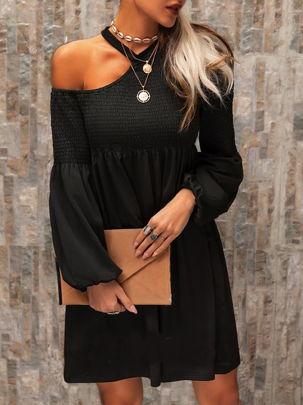 Long Sleeve Vintage Halter Solid Weaving Handmade Dress