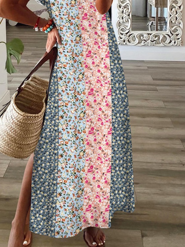 Jersey Casual Loose Floral Printed V neck Handmade Dress