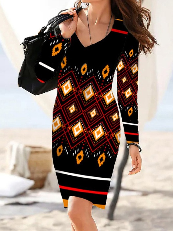 V Neck Long Sleeve Floral Print Vintage Knitting Handmade Dress