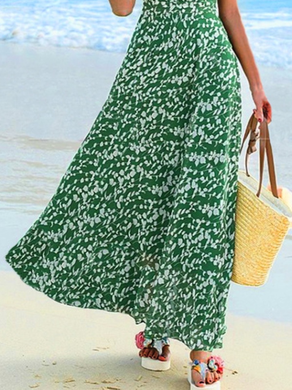 Womens Disty Floral Short Sleeve V Neck Vacation Long Handmade Dress