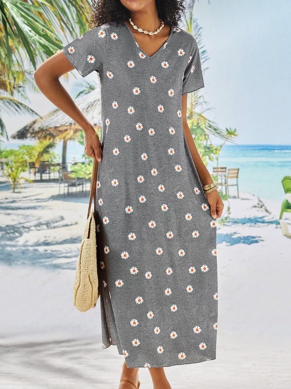 Summer casual retro little daisy printed short sleeved V neck