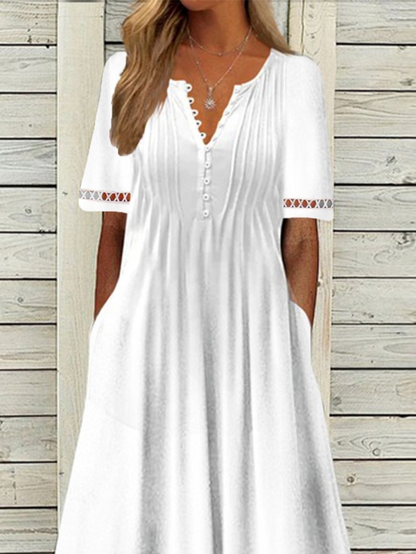 Plain Short Sleeve Buckle Hollow Out Lace Casual Handmade Dress