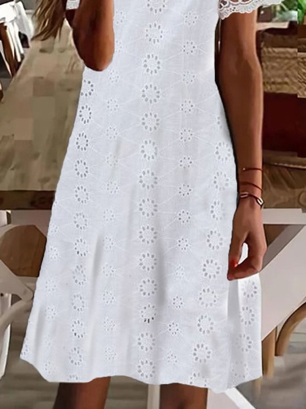 Casual Plain V Neck Lace A Line Handmade Dress