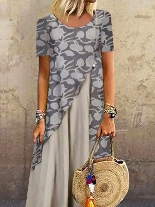 Short Sleeve Crew Neck Abstract Color Block Buckle Vacation Mock