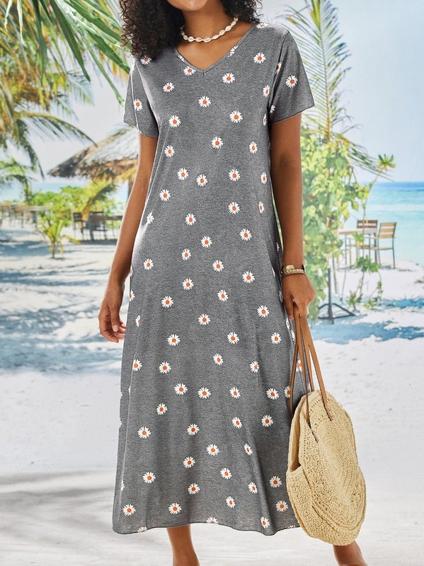 Summer casual retro little daisy printed short sleeved V neck