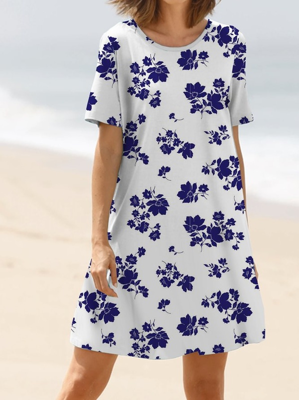 Loose Casual Floral Crew Neck Handmade Dress
