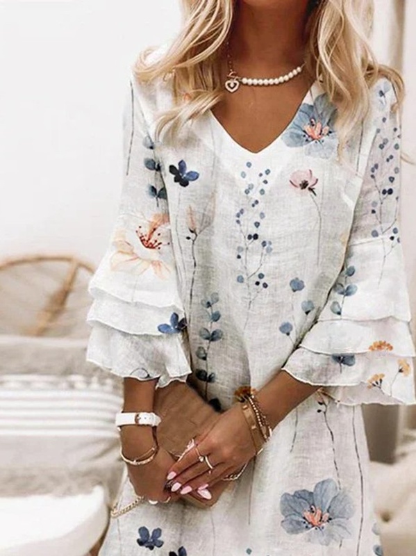 Floral V Neck Casual Three Quarter A Line Handmade Dress