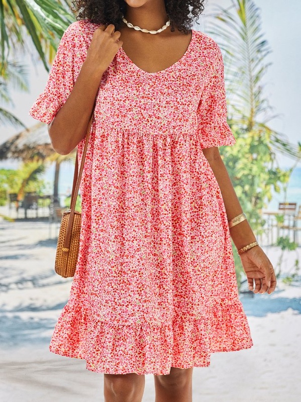 Red Floral Casual Short Sleeve Ruffled Weaving Handmade Dress