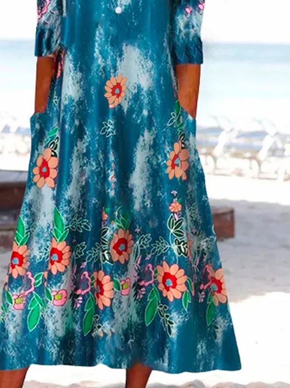 Casual Floral V Neck Short Sleeve Woven Handmade Dress