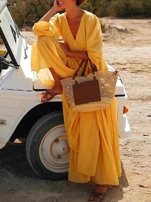 V Neck Cotton Vacation Loose Handmade Dress