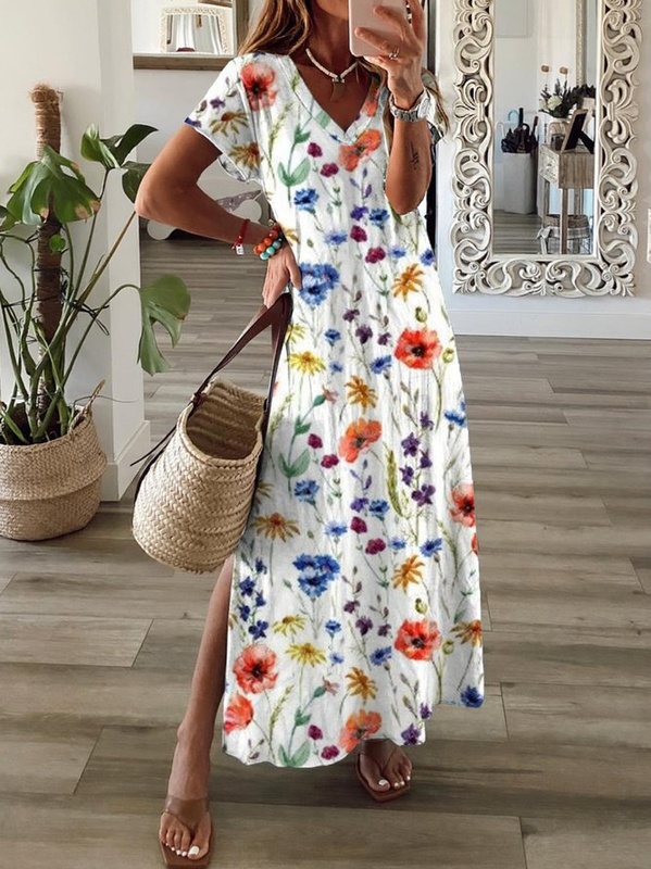 Casual Floral Short Sleeve V Neck Printed Handmade Dress