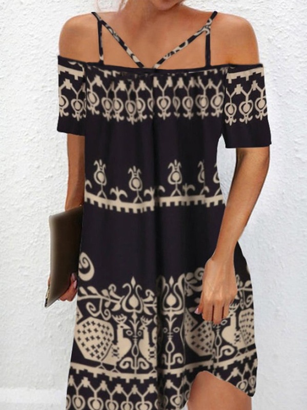 Womens Vacation Hippie Short Handmade Dress Off Shoulder Cross Neck Jersey