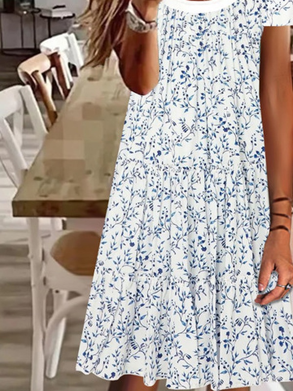 Floral Printed Crew Neck Jersey Casual Handmade Dress