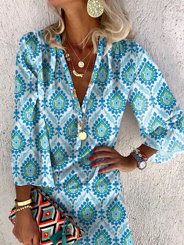 Womens Loose Casual V Neck Long Sleeve Ethnic Handmade Dress