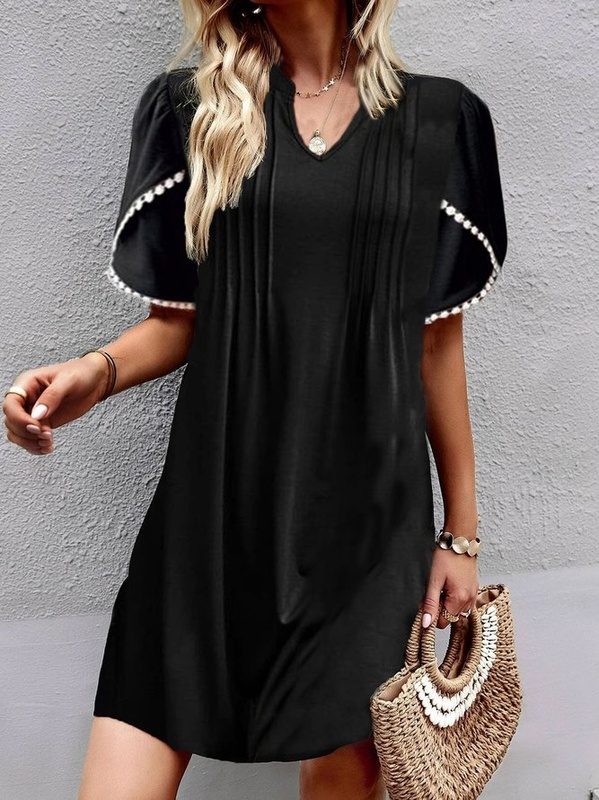 Casual V Neck Lace Edge Handmade Dress