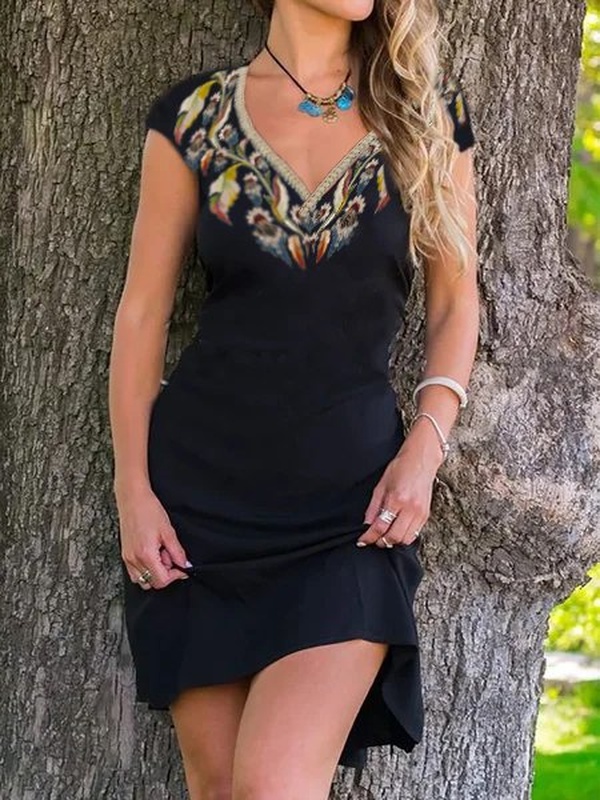 Casual Floral Print Short Sleeve V Neck Weaving Handmade Dress