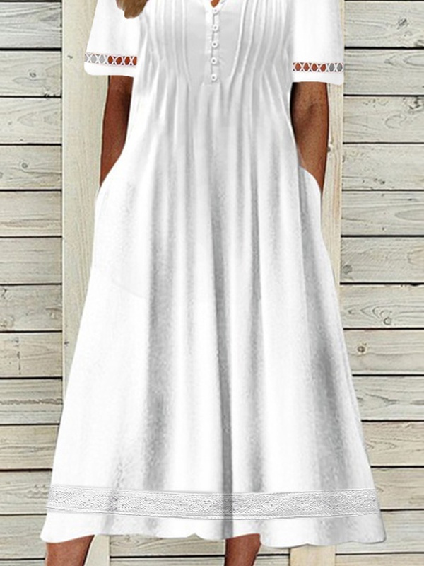 Plain Short Sleeve Buckle Hollow Out Lace Casual Handmade Dress