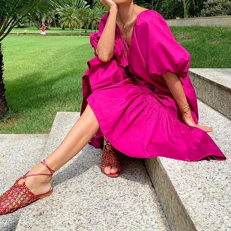 Plain Holiday Balloon Sleeve Cotton Blend Weaving Handmade Dress