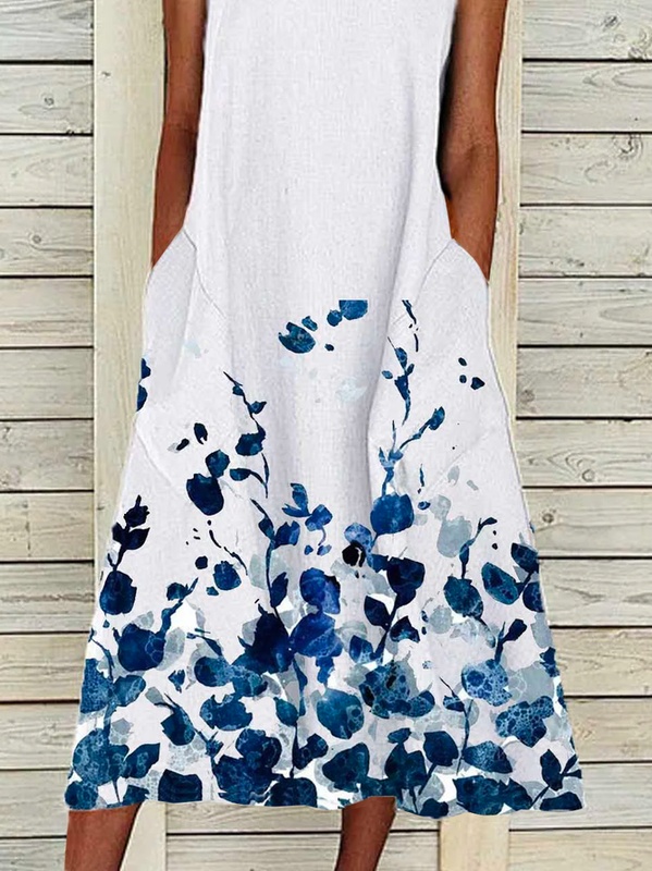 White Cotton Round Neck Patchwork Casual Weaving Handmade Dress