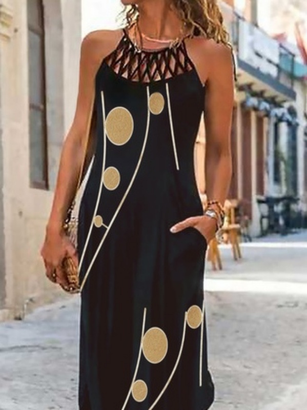 Geometric Sleeveless Crew Neck Casual Handmade Dress